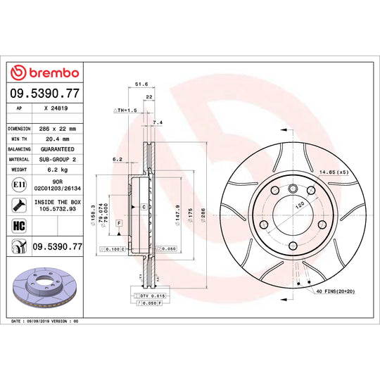 09.5390.77 Brembo Premium Max Slotted UV Coated Rotor Brembo Brake Canada