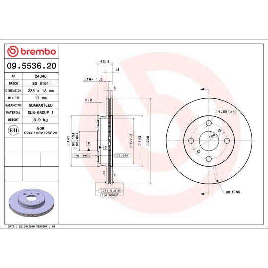 09.5536.20 Brembo Premium Vented Brake Rotor Brembo Brake Canada