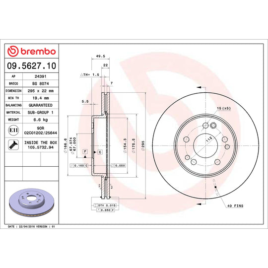 09.5627.10 Brembo Premium Vented Brake Rotor Brembo Brake Canada