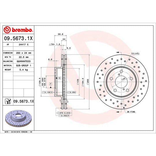 09.5673.1X Brembo Premium UV Coated XTRA Cross Drilled Brake Rotor Brembo Brake Canada