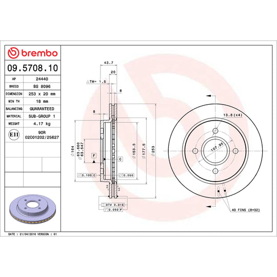 09.5708.10 Brembo Premium Vented Brake Rotor Brembo Brake Canada