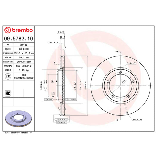09.5782.10 Brembo Premium Vented Brake Rotor Brembo Brake Canada