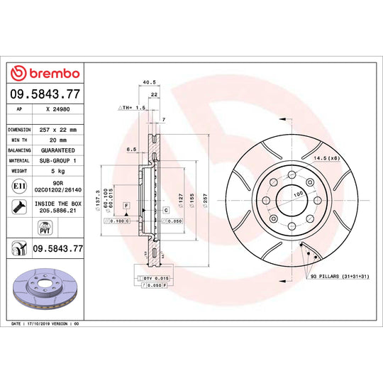 09.5843.77 Brembo Premium Max Slotted UV Coated Rotor Brembo Brake Canada