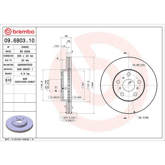 09.6803.10 Brembo Premium Vented Brake Rotor Brembo Brake Canada