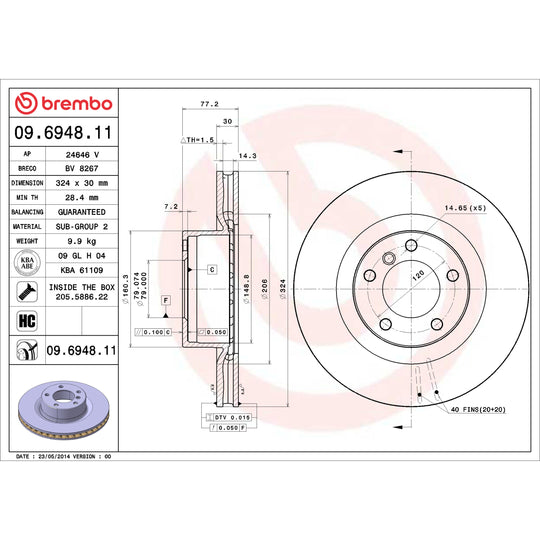 09.6948.11 Brembo Premium Coated Vented Brake Rotor Brembo Brake Canada
