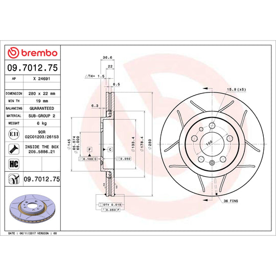 09.7012.75 Brembo Premium Max Slotted UV Coated Rotor Brembo Brake Canada