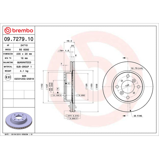 09.7279.10 Brembo Premium Vented Brake Rotor Brembo Brake Canada