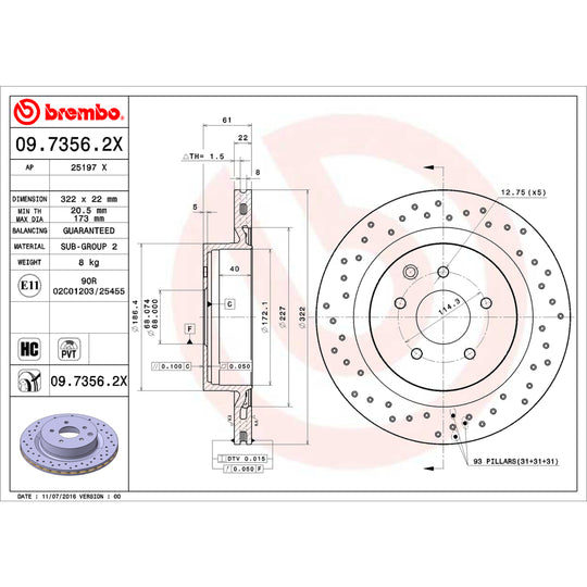 09.7356.2X Brembo Premium UV Coated XTRA Cross Drilled Brake Rotor Brembo Brake Canada