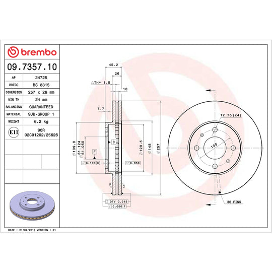 09.7357.10 Brembo Premium Vented Brake Rotor Brembo Brake Canada