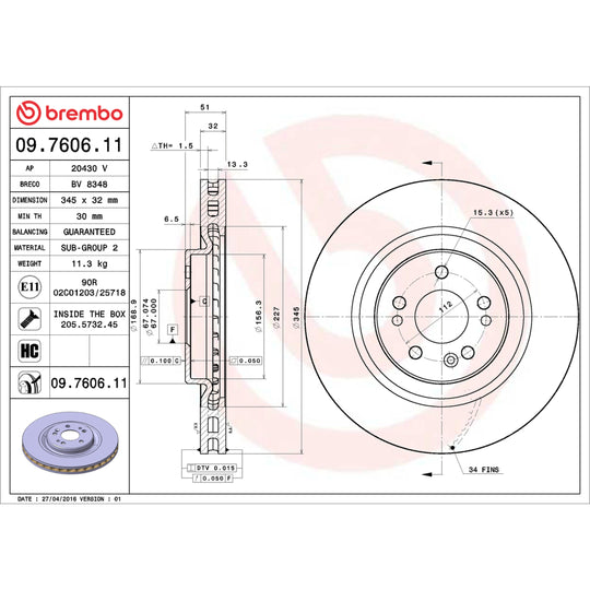 09.7606.11 Brembo Premium Coated Vented Brake Rotor Brembo Brake Canada