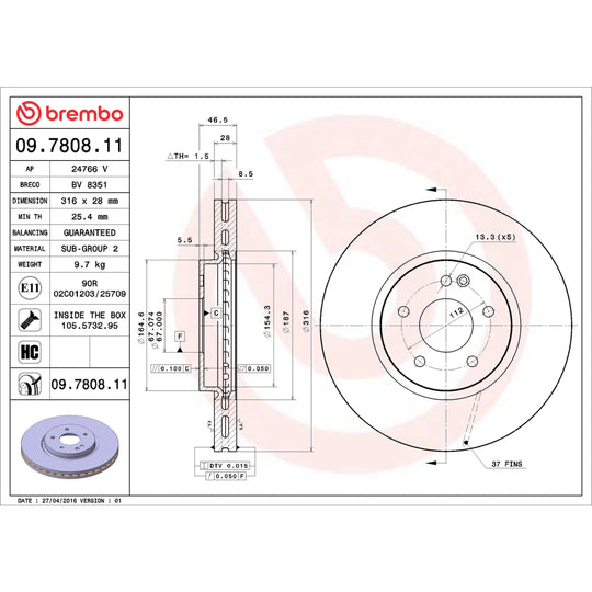 09.7808.11 Brembo Premium Coated Vented Brake Rotor Brembo Brake Canada