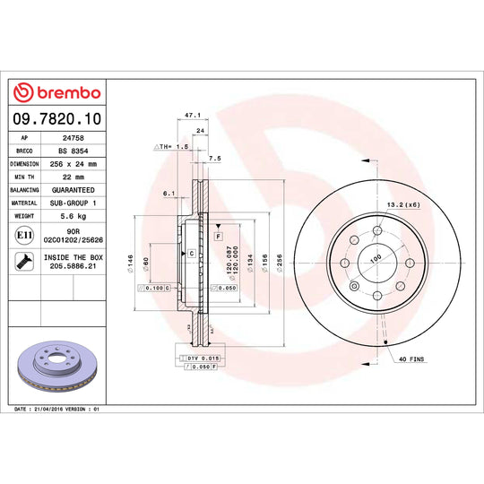 09.7820.10 Brembo Premium Vented Brake Rotor Brembo Brake Canada