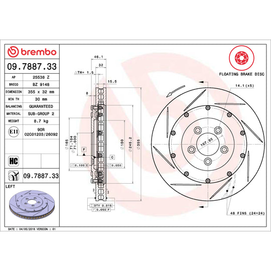 09.7887.33 Brembo Premium Floating Two Piece UV Coated Vented Drilled And Slotted Brake Rotor Brembo Brake Canada