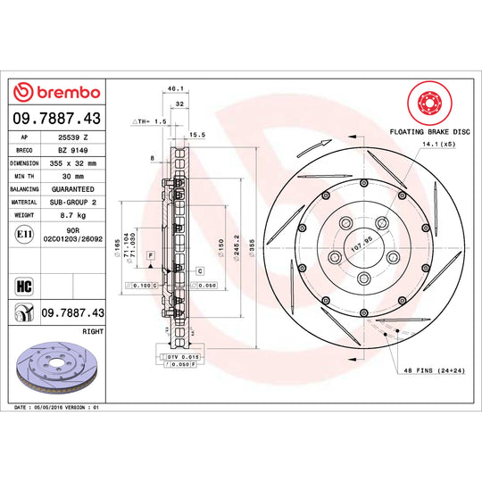 09.7887.43 Brembo Premium Floating Two Piece UV Coated Vented Drilled And Slotted Brake Rotor Brembo Brake Canada