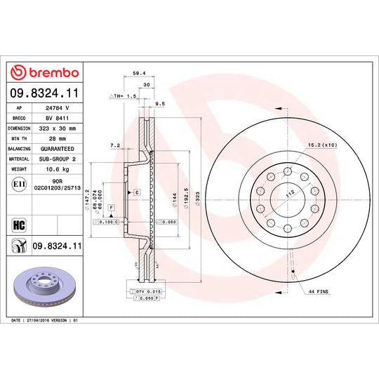 09.8324.11 Brembo Premium Coated Vented Brake Rotor Brembo Brake Canada