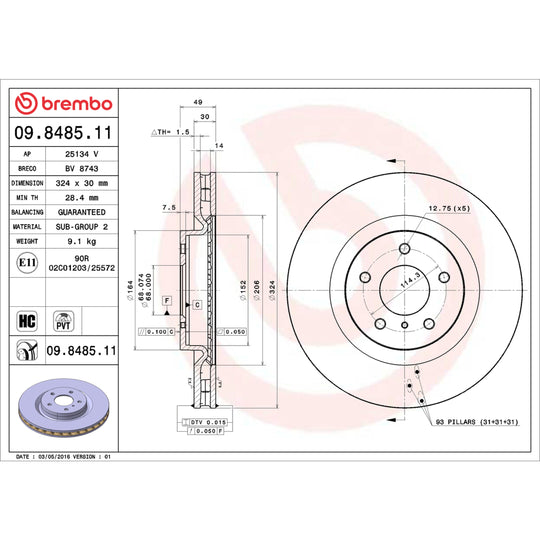 09.8485.11 Brembo Premium Coated Vented Brake Rotor Brembo Brake Canada