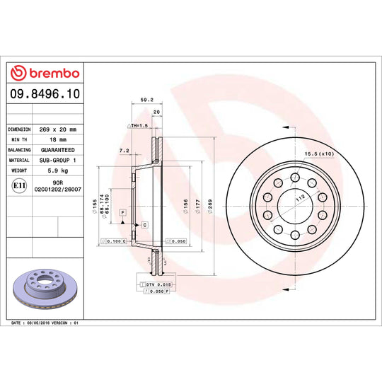 09.8496.10 Brembo Premium Vented Brake Rotor Brembo Brake Canada