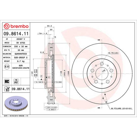 09.8614.11 Brembo Premium Coated Vented Brake Rotor Brembo Brake Canada