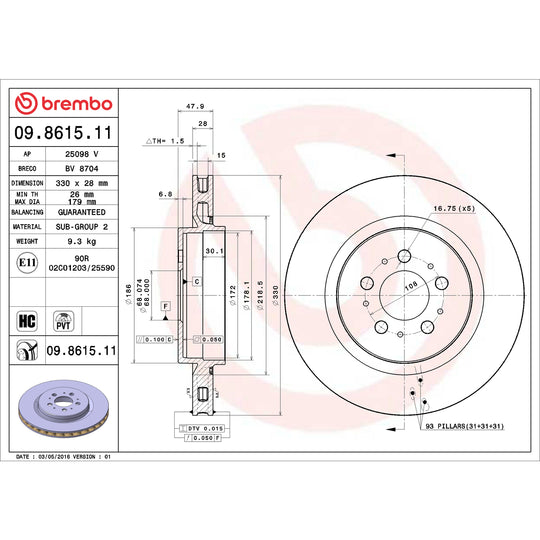 09.8615.11 Premium Coated Vented Brake Rotor Brembo Canada