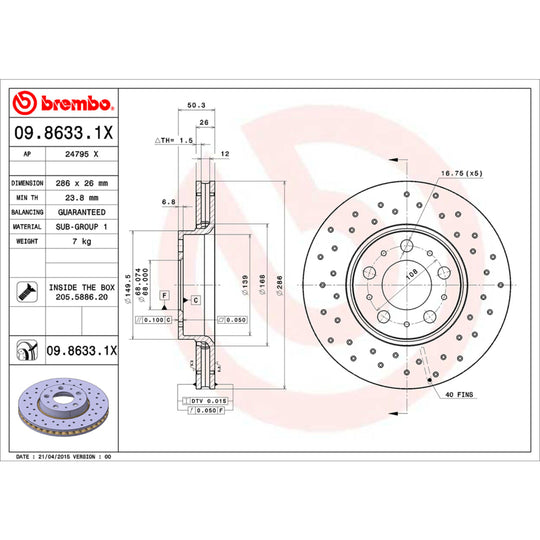 09.8633.1X Brembo Premium UV Coated XTRA Cross Drilled Brake Rotor Brembo Brake Canada