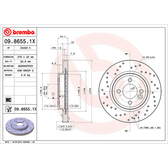 09.8655.1X Brembo Premium UV Coated XTRA Cross Drilled Brake Rotor Brembo Brake Canada