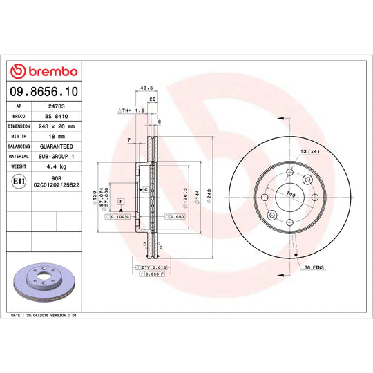 09.8656.10 Brembo Premium Vented Brake Rotor Brembo Brake Canada