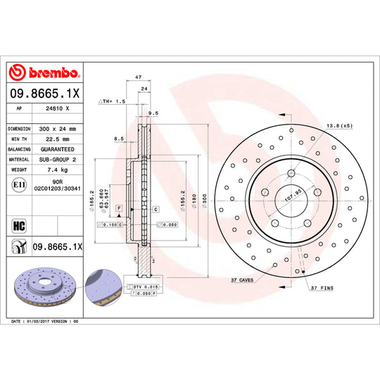 09.8665.1X Brembo Premium UV Coated XTRA Cross Drilled Brake Rotor Brembo Brake Canada