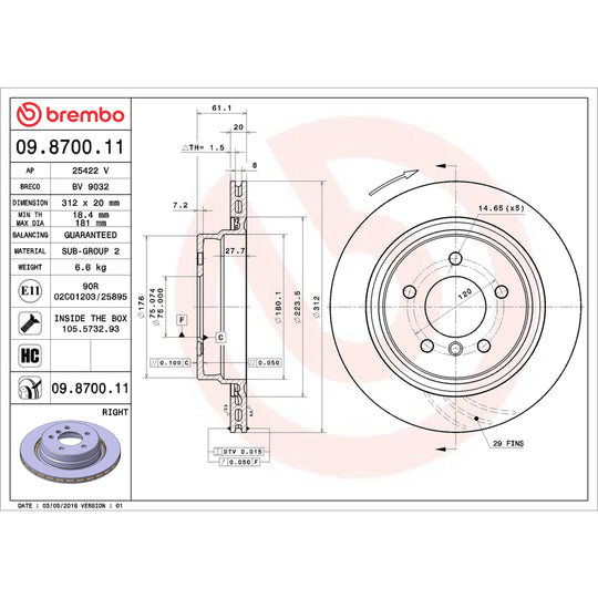 09.8700.11 Brembo Premium Coated Vented Brake Rotor Brembo Brake Canada