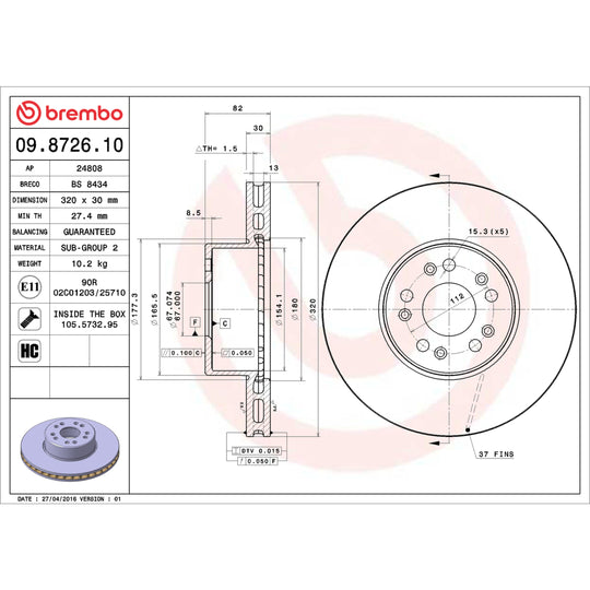 09.8726.10 Brembo Premium Vented Brake Rotor Brembo Brake Canada