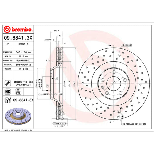 09.8841.3X Brembo Premium UV Coated XTRA Cross Drilled Brake Rotor Brembo Brake Canada