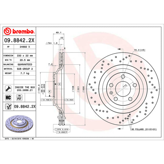 09.8842.2X Brembo Premium UV Coated XTRA Cross Drilled Brake Rotor Brembo Brake Canada