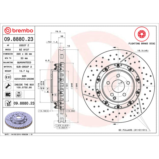 09.8880.23 Brembo Premium Floating Two Piece UV Coated Vented Drilled And Slotted Brake Rotor Brembo Brake Canada