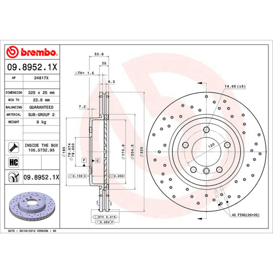09.8952.1X Brembo Premium UV Coated XTRA Cross Drilled Brake Rotor Brembo Brake Canada
