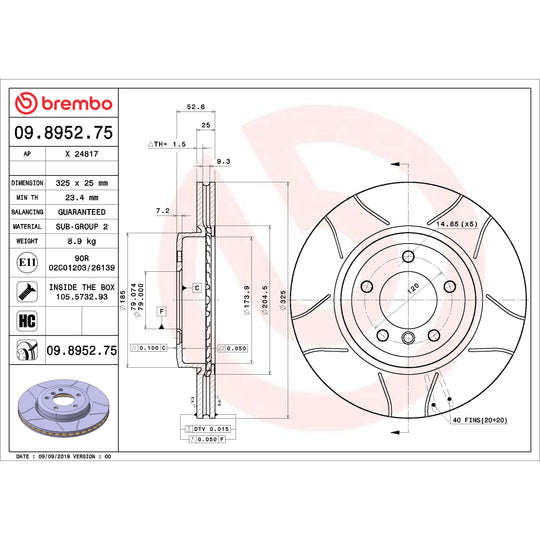09.8952.75 Brembo Premium Max Slotted UV Coated Rotor Brembo Brake Canada