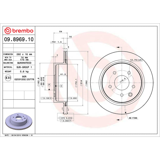 09.8969.10 Brembo Premium Vented Brake Rotor Brembo Brake Canada