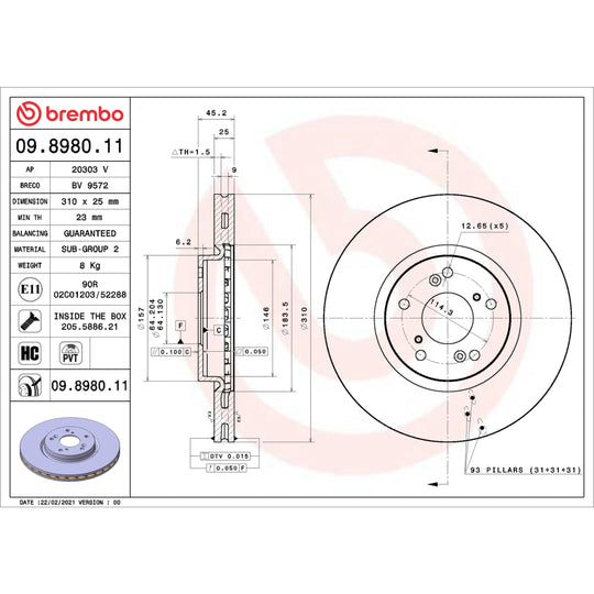 09.8980.11 Brembo Premium Coated Vented Brake Rotor Brembo Brake Canada