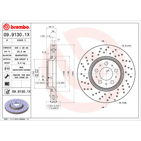 09.9130.1X Brembo Premium UV Coated XTRA Cross Drilled Brake Rotor Brembo Brake Canada