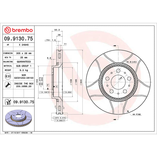 09.9130.75 Brembo Premium Max Slotted UV Coated Rotor Brembo Brake Canada