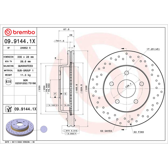 09.9144.1X Brembo Premium UV Coated XTRA Cross Drilled Brake Rotor Brembo Brake Canada
