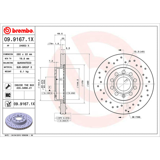 09.9167.1X Brembo Premium UV Coated XTRA Cross Drilled Brake Rotor Brembo Brake Canada