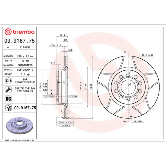 09.9167.75 Brembo Premium Max Slotted UV Coated Rotor Brembo Brake Canada