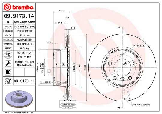 09.9173.11 Brembo Premium Coated Vented Brake Rotor Brembo Brake Canada