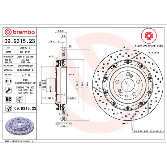 09.9315.23 Brembo Premium Floating Two Piece UV Coated Vented Drilled And Slotted Brake Rotor Brembo Brake Canada