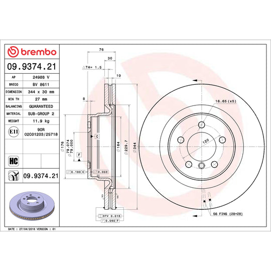 09.9374.21 Brembo Premium Coated Vented Brake Rotor Brembo Brake Canada