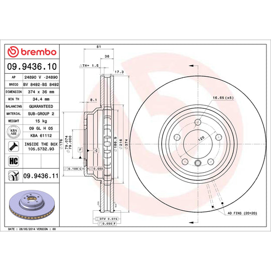 09.9436.10 Brembo Premium Vented Brake Rotor Brembo Brake Canada