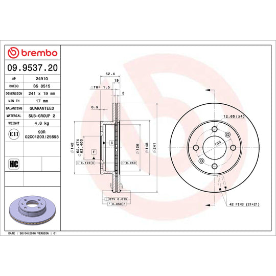 09.9537.20 Brembo Premium Vented Brake Rotor Brembo Brake Canada
