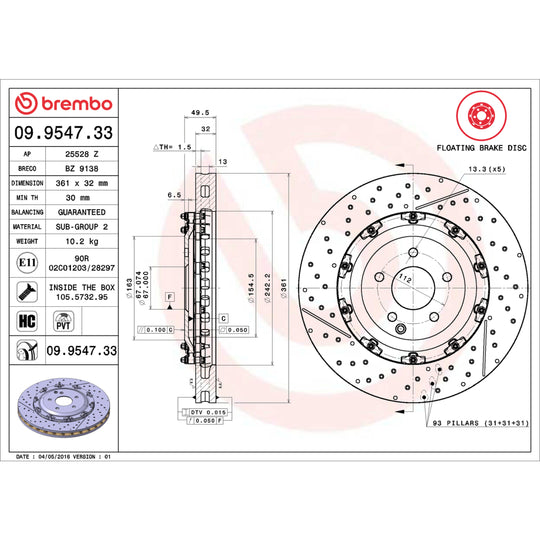 09.9547.33 Brembo Premium Floating Two Piece UV Coated Vented Drilled And Slotted Brake Rotor Brembo Brake Canada