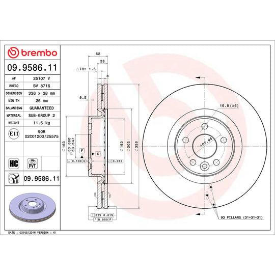09.9586.11 Brembo Premium Coated Vented Brake Rotor Brembo Brake Canada