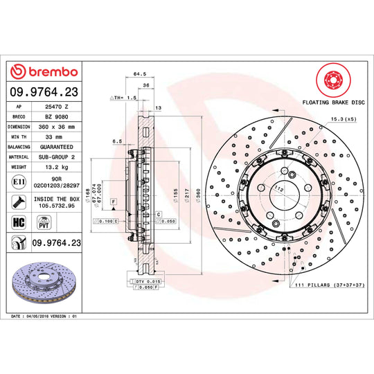 09.9764.23 Brembo Premium Floating Two Piece UV Coated Vented Drilled And Slotted Brake Rotor Brembo Brake Canada