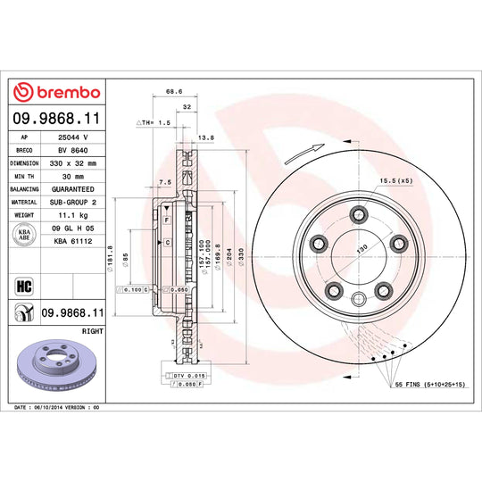 09.9868.11 Brembo Premium Coated Vented Brake Rotor Brembo Brake Canada